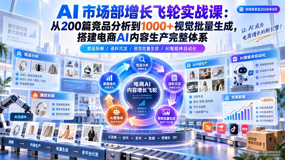 （20436期）AI 市场部增长飞轮实战课：从200篇竞品分析到1000+视觉批量生成，搭建电商AI内容生产完整体系-宇文网创