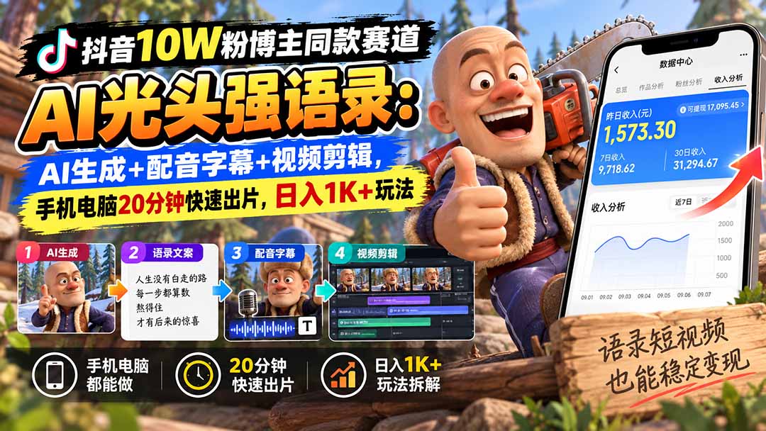 (20687期)【无水印】抖音10W粉博主同款赛道AI光头强语录:AI生成+配音字幕+视频剪辑,手机电脑20分钟快速出片,日入1K+玩法-宇文网创