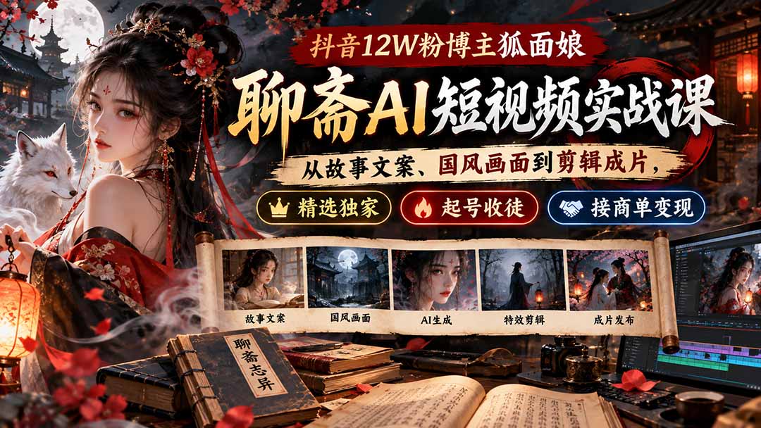 (20639期)抖音12W粉博主狐面娘-聊斋AI短视频实战课:从故事文案、国风画面到剪辑成片,精选独家+起号收徒+接商单变现-宇文网创