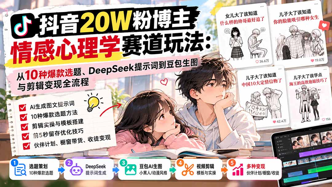 (20688期)抖音20W粉博主-情感心理学赛道玩法:从10种爆款选题、DeepSeek提示词到豆包生图与剪辑变现全流程-宇文网创