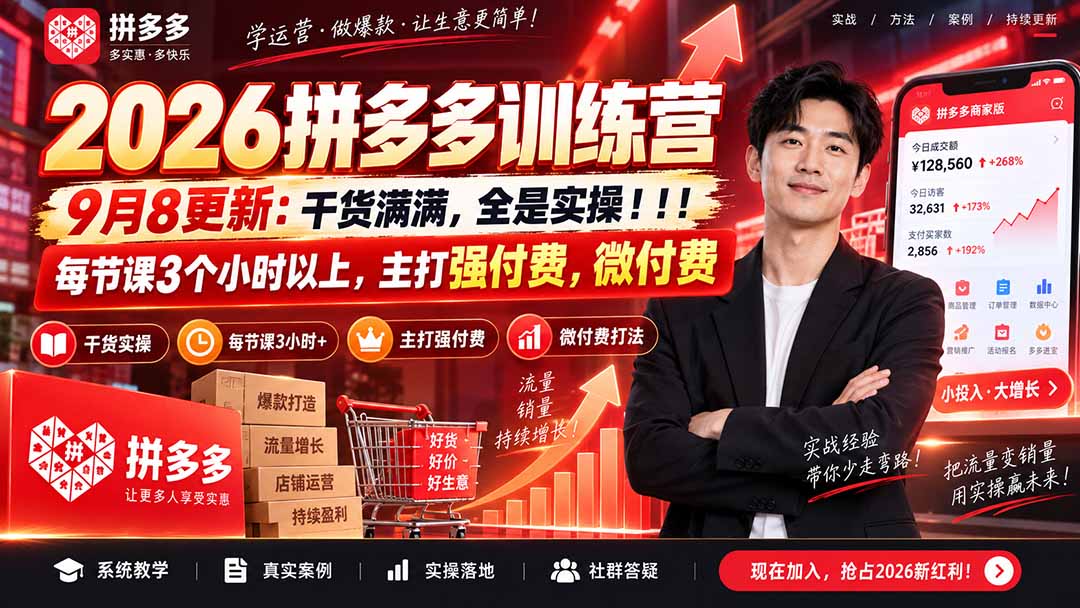 （20338期）2026拼多多训练营9月8更新：干货满满，全是实操！！！每节课3个小时以上，主打强付费，微付费-宇文网创
