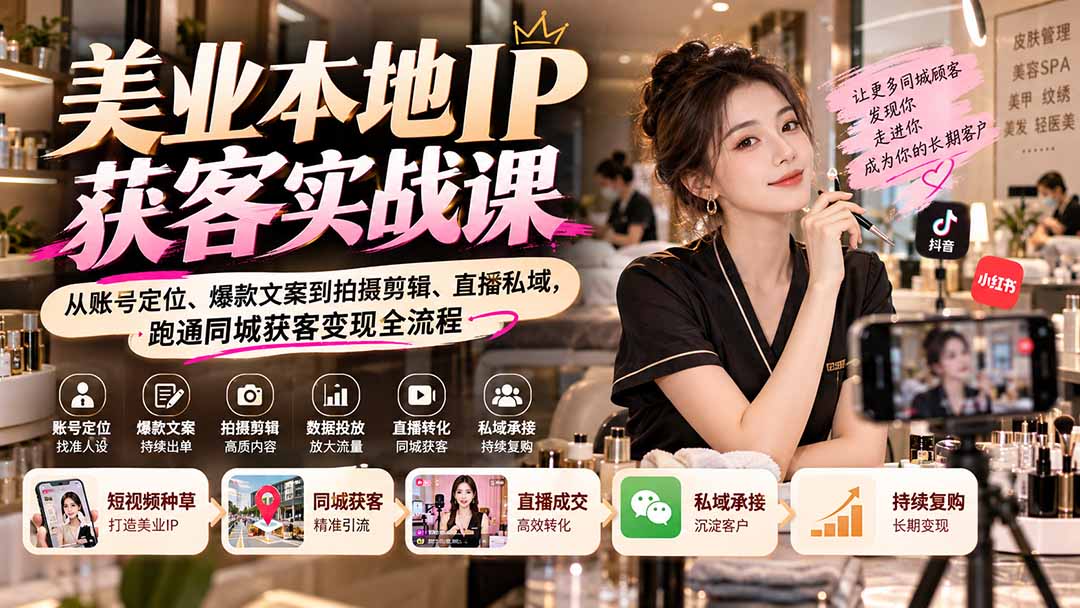 （20640期）【无水印】美业本地IP获客实战课：从账号定位、爆款文案到拍摄剪辑、直播私域，跑通同城获客变现全流程-宇文网创