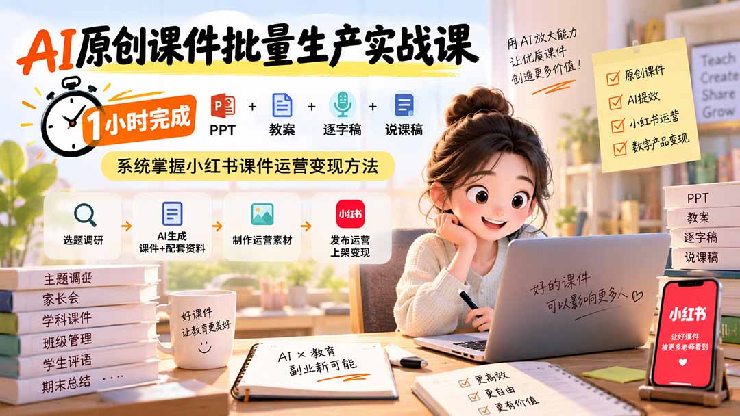 （20351期）AI原创课件批量生产实战课：1小时完成PPT+教案+逐字稿+说课稿，系统掌握小红书课件运营变现方法-宇文网创