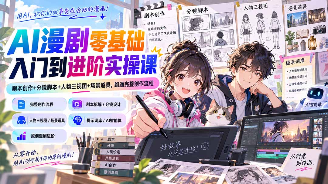 （20352期）AI漫剧零基础入门到进阶实操课：剧本创作+分镜脚本+人物三视图+场景道具，跑通完整创作流程-宇文网创