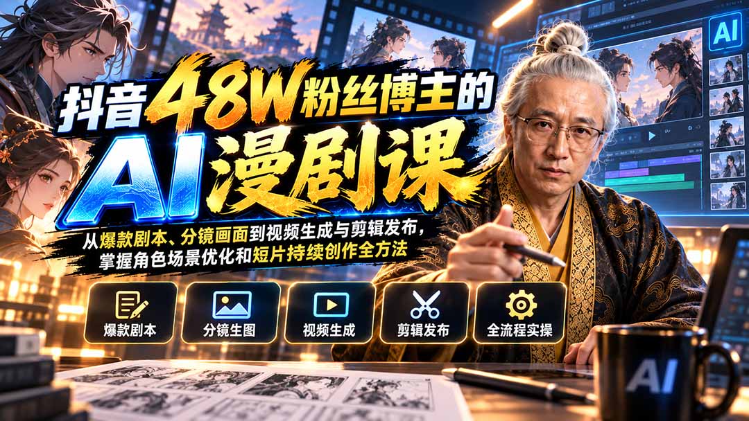 （20353期）抖音48W粉丝博主的AI漫剧课：从爆款剧本、分镜画面到视频生成与剪辑发布，掌握角色场景优化和短片持续创作全方法-宇文网创