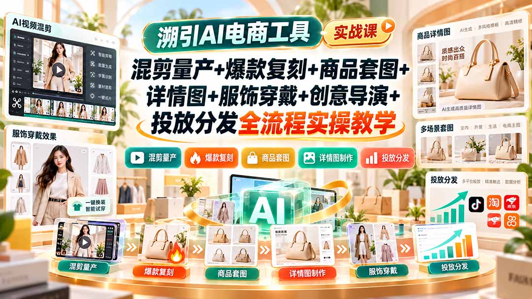 （20724期）溯引AI电商工具实战课：混剪量产+爆款复刻+商品套图+详情图+服饰穿戴+创意导演+投放分发全流程实操教学-宇文网创