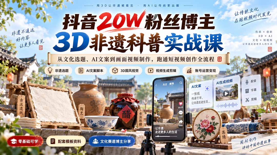 （20356期）抖音20W粉丝博主3D非遗科普实战课：从文化选题、AI文案到画面视频制作，跑通短视频创作全流程-宇文网创