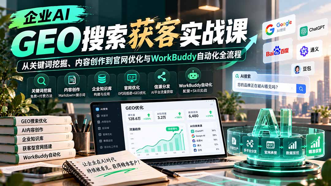 (20643期)企业AI GEO搜索获客实战课:从关键词挖掘、内容创作到官网优化与WorkBuddy自动化全流程-宇文网创