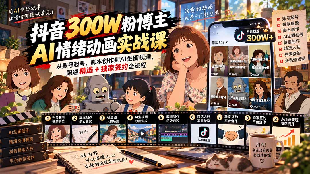 (20616期)抖音300W粉博主AI情绪动画实战课:从账号起号、脚本创作到AI生图视频,跑通精选+独家签约全流程-宇文网创