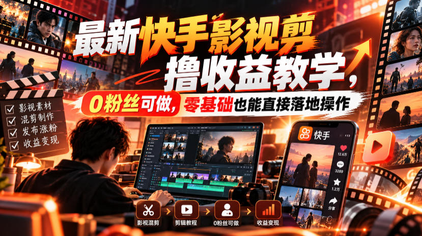 最新快手影视混剪撸收益教学，0粉丝可做，零基础也能直接落地操作-宇文网创