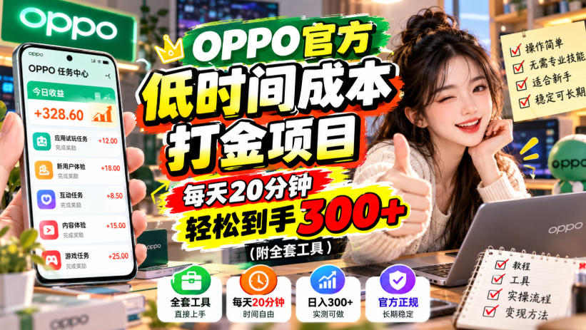 OPPO官方低时间成本打金项目,每天20分钟,轻松到手300+(附全套工具)【揭秘】-宇文网创