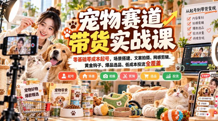 宠物赛道带货实战课，零基础零成本起号，场景搭建、文案拍摄、网感剪辑、黄金钩子、爆品选品、低成本投流全覆盖-宇文网创