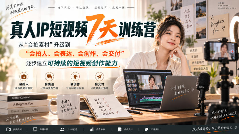 真人IP短视频7天训练营,从“会拍素材”升级到“会拍人、会表达、会创作、会交付”,逐步建立可持续的短视频创作能力-宇文网创