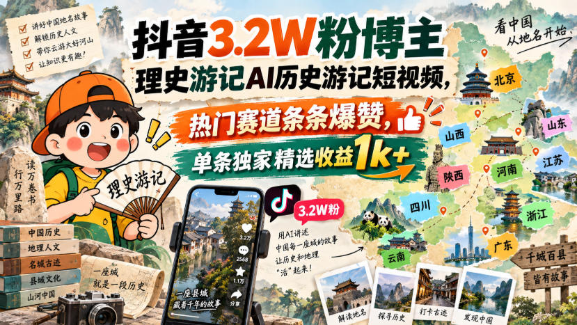 抖音3.2W粉博主理史游记AI历史游记短视频教学，热门赛道条条爆赞，单条独家精选收益1k+-宇文网创