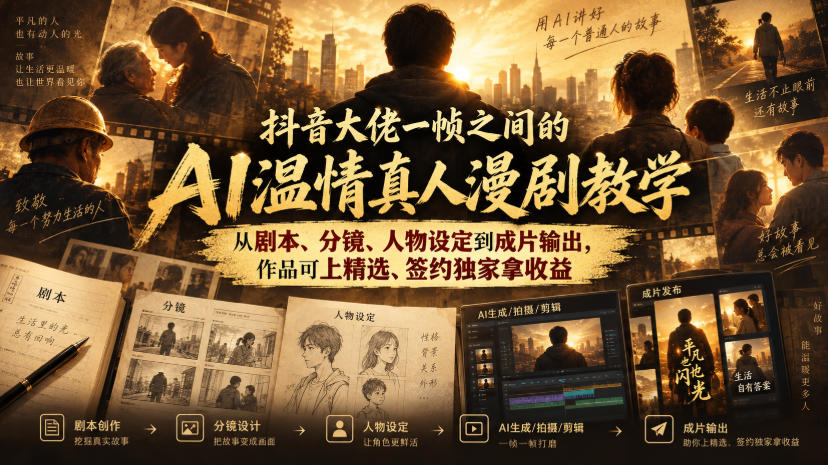 抖音大佬一帧之间的AI温情真人漫剧教学，从剧本、分镜、人物设定到成片输出，作品可上精选、签约独家拿收益-宇文网创