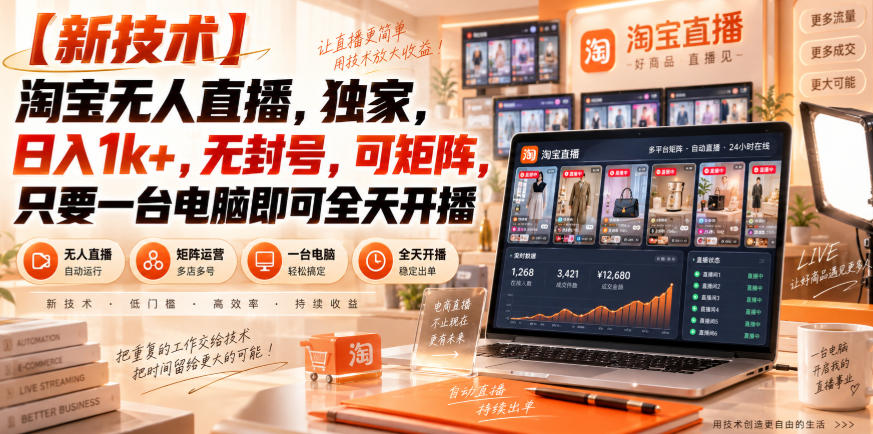 【独家新技术】淘宝无人直播,日入1k+,无封号,可矩阵,只要一台电脑即可全天开播【揭秘】-宇文网创