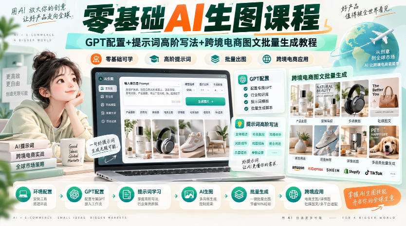 零基础AI生图课程，GPT配置+提示词高阶写法+跨境电商图文批量生成教程-宇文网创