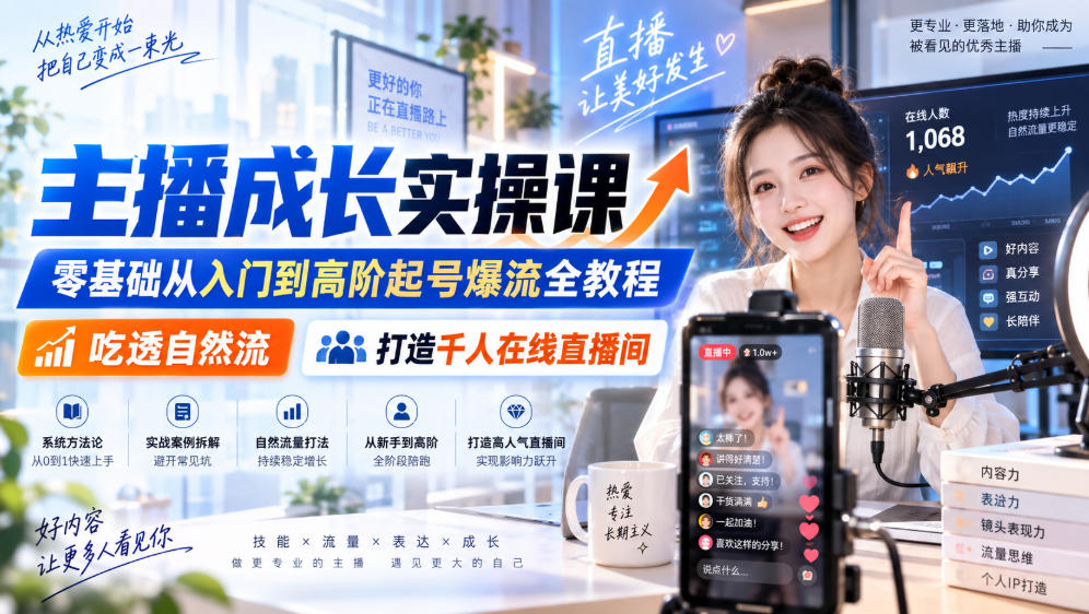 主播成长实操课｜零基础从入门到高阶起号爆流全教程，吃透自然流，打造千人在线直播间-宇文网创
