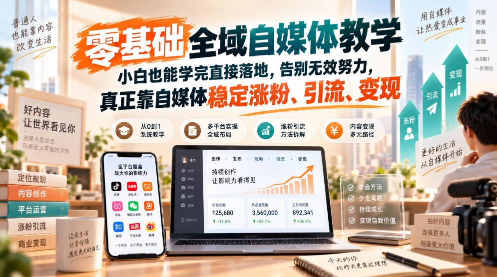零基础全域自媒体教学,小白也能学完直接落地,告别无效努力,真正靠自媒体稳定涨粉、引流、变现-宇文网创