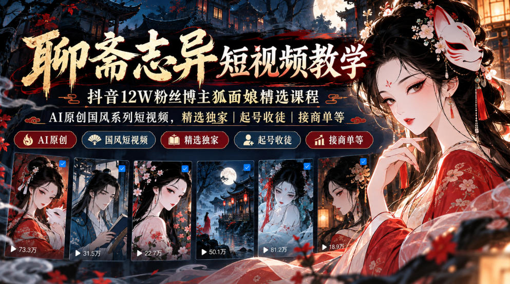 聊斋志异短视频教学,抖音12W粉丝博主狐面娘精选课程,AI原创国风系列短视频,精选独家丨起号收徒丨接商单等-宇文网创