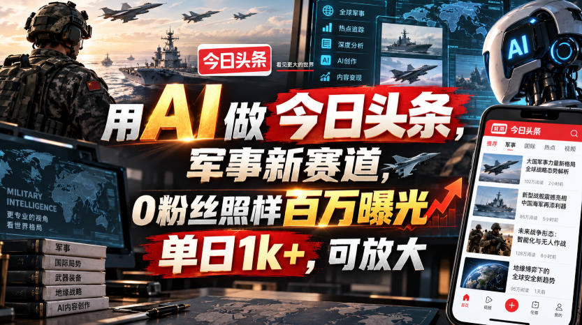 用AI做今日头条，军事新赛道，0粉丝照样百万曝光，单日1k+，可放大-宇文网创