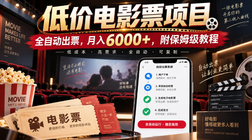 低价电影票项目,全自动出票,月入6000+,附保姆级教程【揭秘】-宇文网创