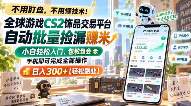 全球游戏CS2饰品交易平台自动批量捡漏賺米，小白轻松入门，包教包会，手机即可完成全部操作，日入300+【揭秘】-宇文网创