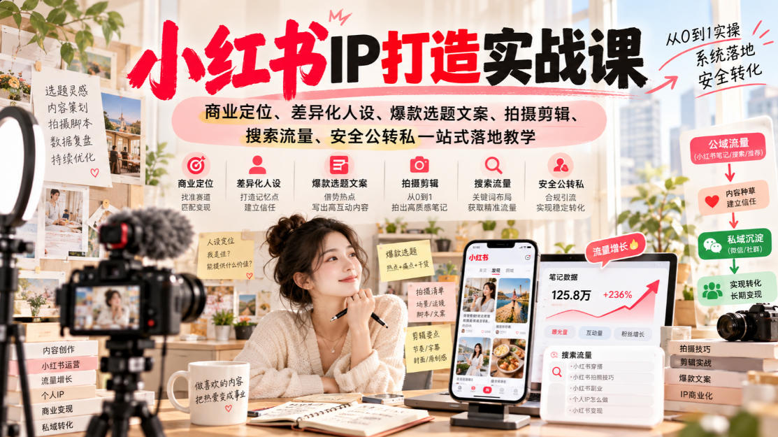 小红书ip打造实战课，商业定位、差异化人设、爆款选题文案、拍摄剪辑、搜索流量、安全公转私一站式落地教学-宇文网创