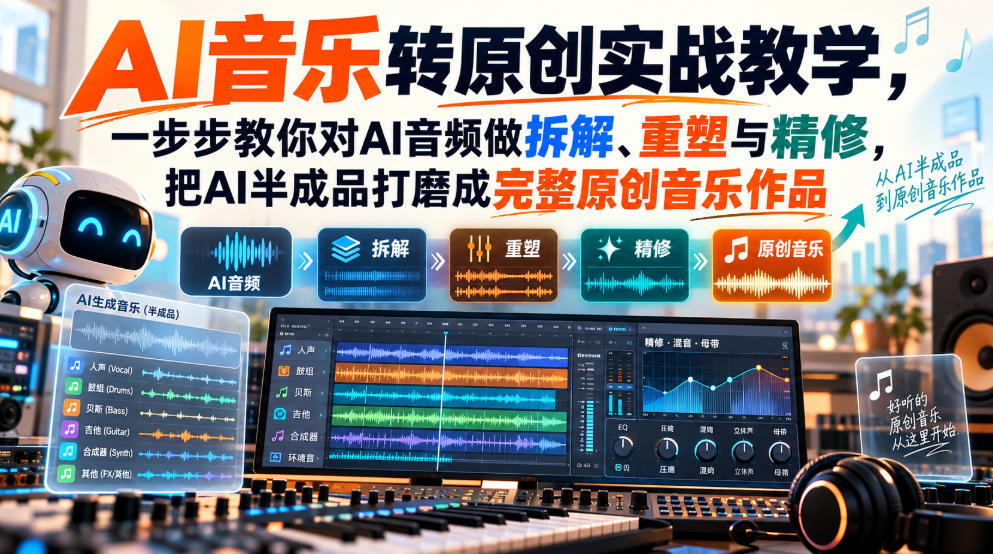 AI音乐转原创实战教学,一步步教你对AI音频做拆解、重塑与精修,把AI半成品打磨成完整原创音乐作品-宇文网创