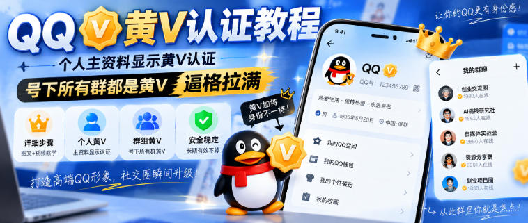 QQ黄V认证教程,个人主资料显示黄V认证,号下所有群都是黄V,逼格拉满-宇文网创