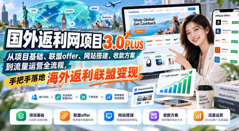 国外返利网项目3.0PLUS，从项目基础、联盟offer、网站搭建、收款方案到流量运营全流程，手把手落地海外返利联盟变现-宇文网创
