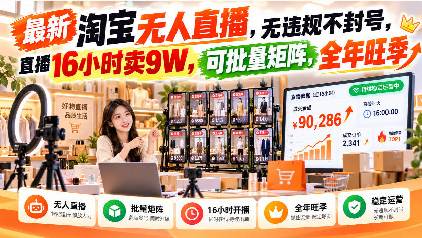 最新淘宝无人直播，无违规不封号，直播16小时卖9W，可批量矩阵，全年旺季【揭秘】-宇文网创