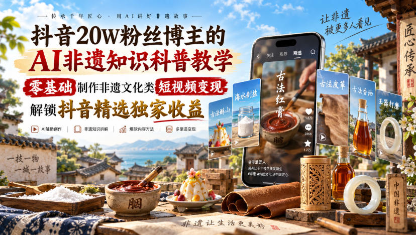 抖音20W粉丝博主的AI非遗知识科普教学,零基础制作非遗文化类短视频变现,解锁抖音精选独家收益-宇文网创