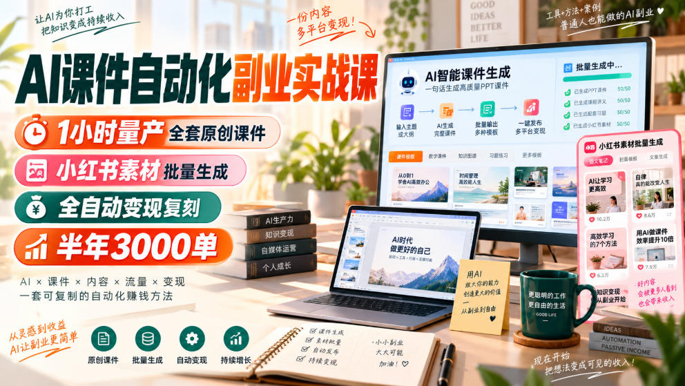 AI课件自动化副业实战课,1小时量产全套原创课件,小红书素材批量生成,全自动变现复刻,半年3000单-宇文网创