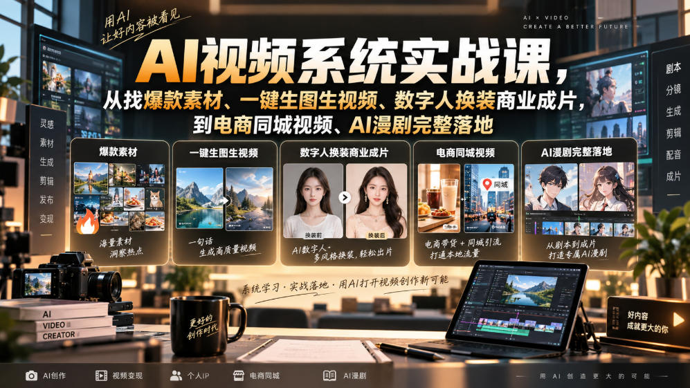 AI视频系统实战课,从找爆款素材、一键生图生视频、数字人换装商业成片,到电商同城视频、AI漫剧完整落地-宇文网创