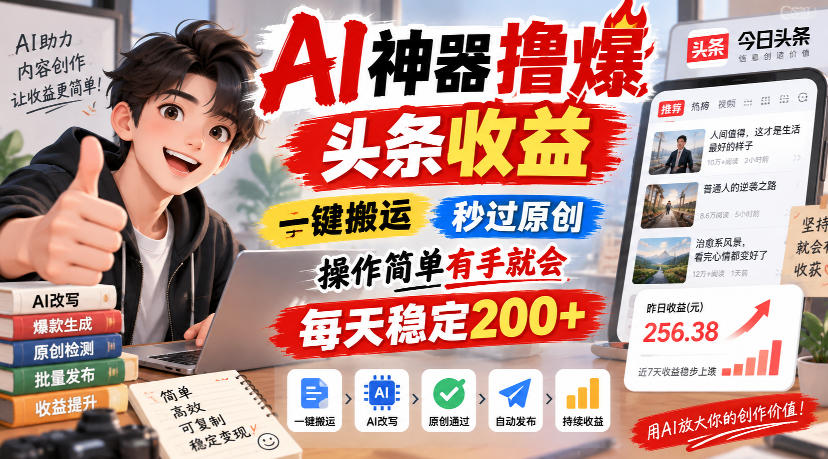 AI神器撸爆头条收益,一键搬运,秒过原创,操作简单有手就会,每天稳定200+【揭秘】-宇文网创
