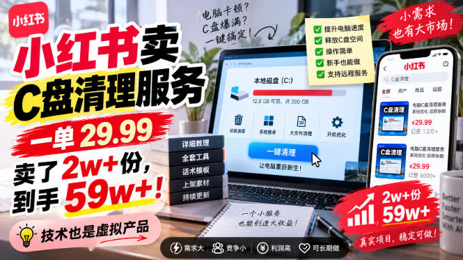 小红书卖C盘清理服务，一单29.99，卖了2w+份，技术也是虚拟产品-宇文网创
