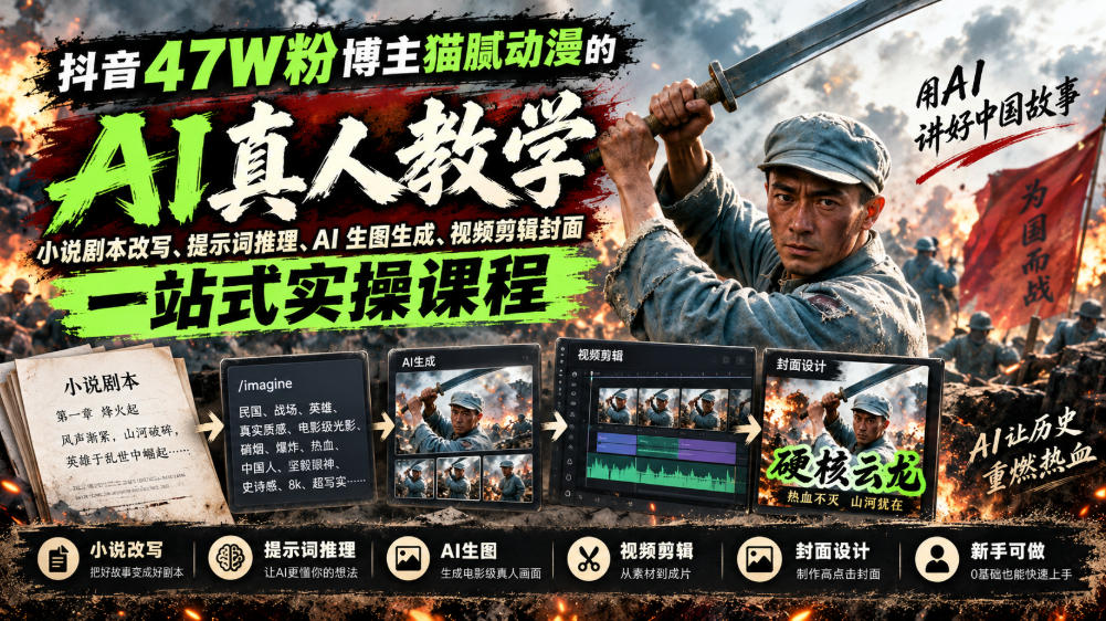 抖音47W粉博主猫腻动漫的AI真人漫剧教学，小说剧本改写、提示词推理、AI生图生成、视频剪辑封面一站式实操课程-宇文网创