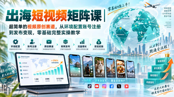 出海短视频矩阵课｜超简单的视频原创赛道，从环境配置账号注册到发布变现，零基础完整实操教学-宇文网创