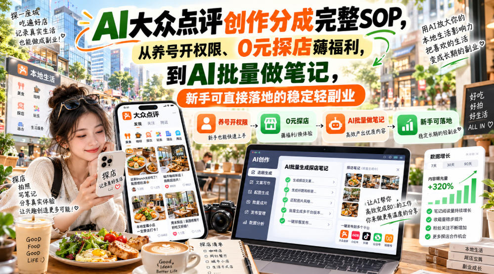 【无水印】AI大众点评创作分成完整SOP,从养号开权限、0元探店薅福利,到AI批量做笔记,新手可直接落地的稳定轻副业-宇文网创