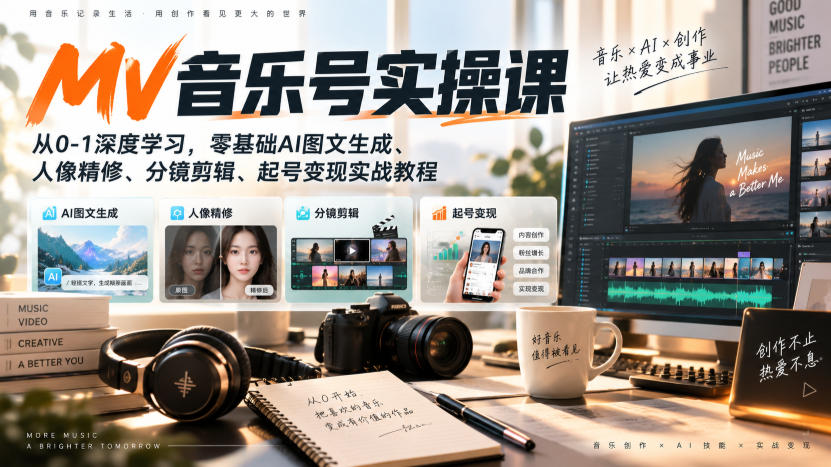 AI MV音乐号实操课,从0-1深度学习,零基础AI图文生成、人像精修、分镜剪辑、起号变现实战教程-宇文网创