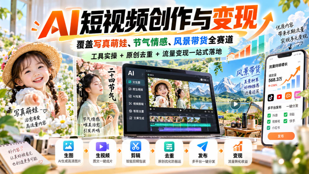 AI短视频创作与变现，覆盖写真萌娃、节气情感、风景带货全赛道，工具实操+原创去重+流量变现一站式落地-宇文网创