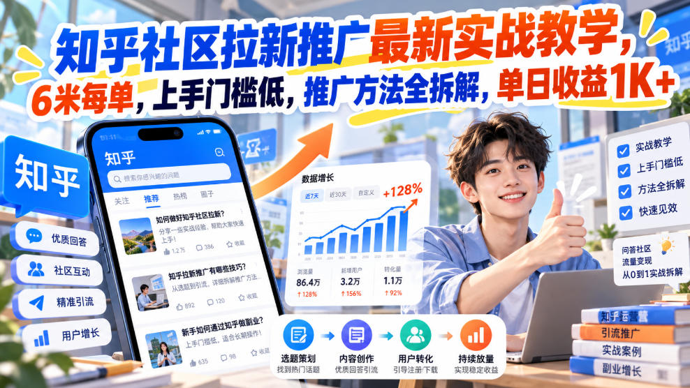 知乎社区拉新推广最新实战教学,6米每单,上手门槛低,推广方法全拆解,单日收益1K+!-宇文网创