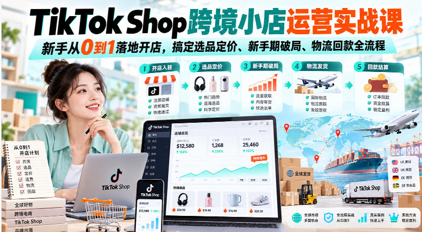 TikTok Shop跨境小店运营实战课,新手从0到1落地开店,搞定选品定价、新手期破局、物流回款全流程-宇文网创