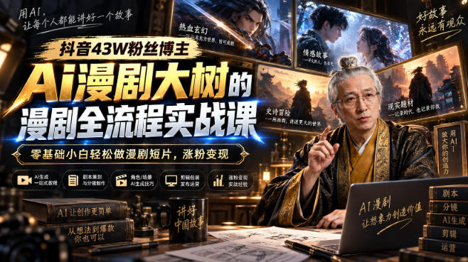 抖音43W粉丝博主Ai漫剧大树的漫剧制作全流程实战课,零基础小白轻松做漫剧短片,涨粉变现-宇文网创