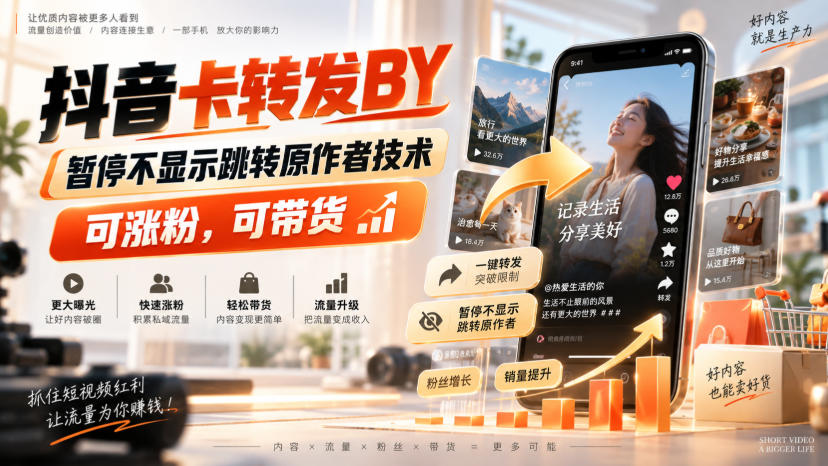 抖音卡转发搬运,暂停不显示跳转原作者技术,可涨粉,可带货-宇文网创