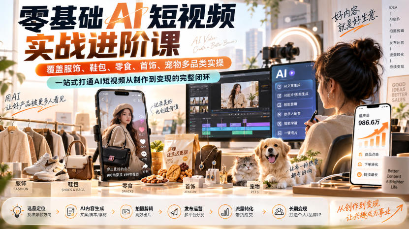 零基础AI短视频实战进阶课,覆盖服饰、鞋包、零食、首饰、宠物多品类实操,一站式打通AI短视频从制作到变现的完整闭环-宇文网创