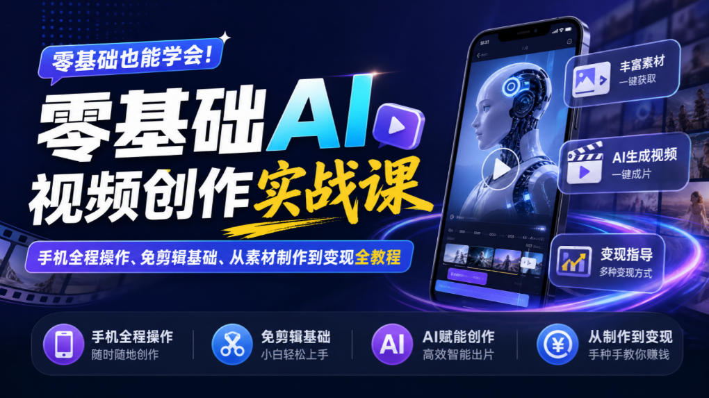 零基础AI视频创作实战课｜手机全程操作、免剪辑基础、从素材制作到变现全教程​-宇文网创