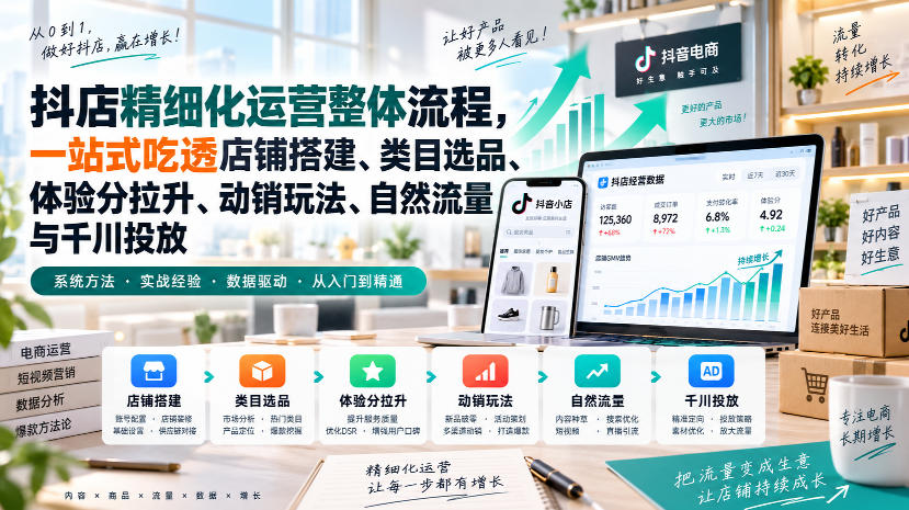 李哥电商-抖店精细化运营整体流程，一站式吃透店铺搭建、类目选品、体验分拉升、动销玩法、自然流量与千川投放-宇文网创
