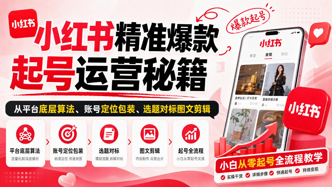 小红书精准爆款起号运营秘籍，从平台底层算法、账号定位包装、选题对标图文剪辑，小白从零起号全流程-宇文网创